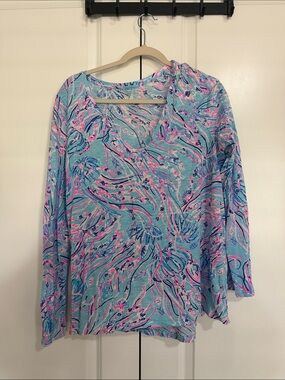 Lilly Pulitzer Blue Pink Floral-Print Long Sleeve Tee